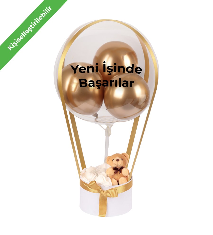 Balonlu Yuvarlak Beyaz Kutuda Ayıcıklı Yapay Beyaz Gül