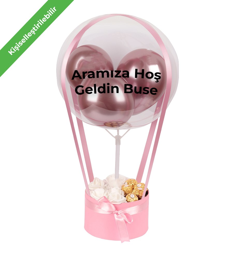 Balonlu Yuvarlak Pembe Kutuda Rocher Yapay Beyaz Gül