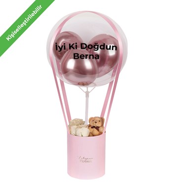 Balonlu Ayıcıklı Pembe Kutuda Beyaz Gül