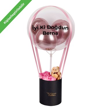 Balonlu Ayıcıklı Siyah Kutuda Pembe Gül