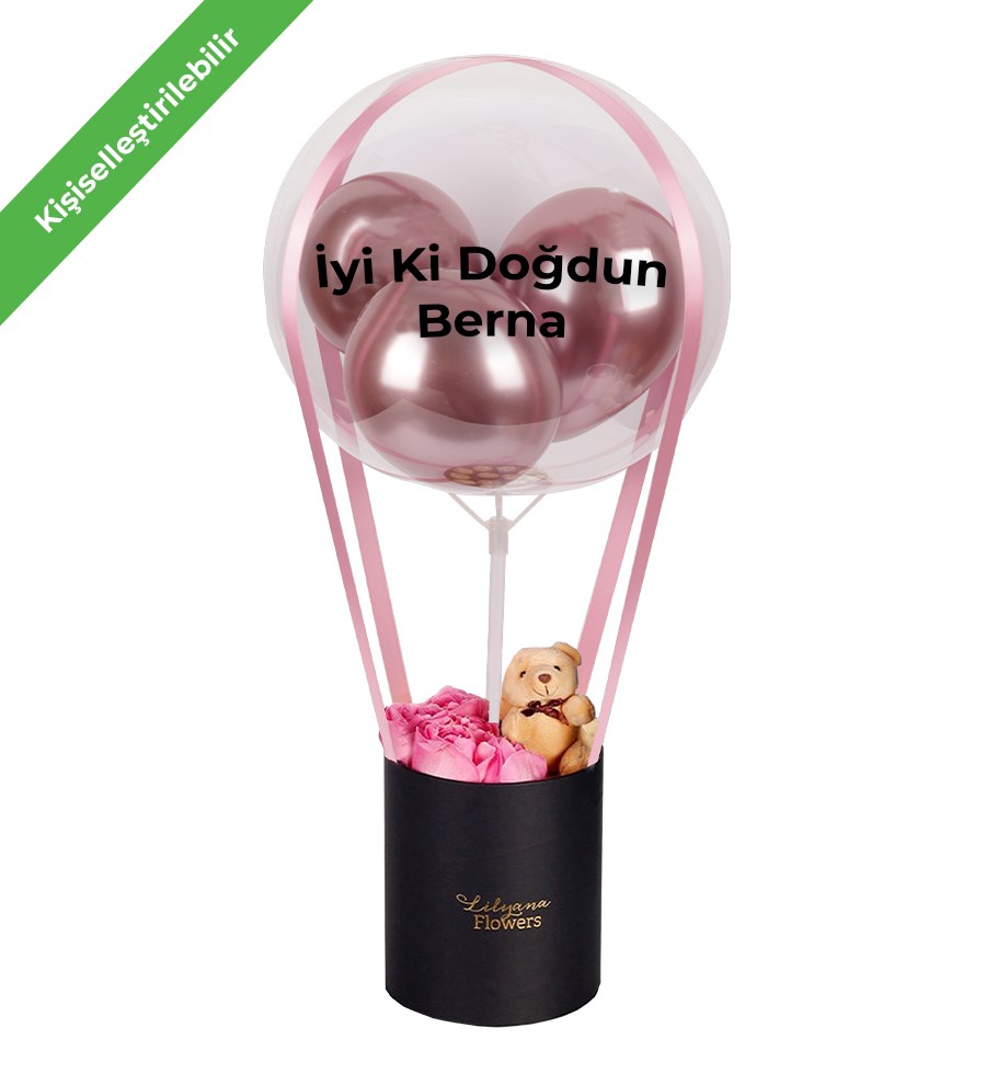 Balonlu Ayıcıklı Siyah Kutuda Pembe Gül
