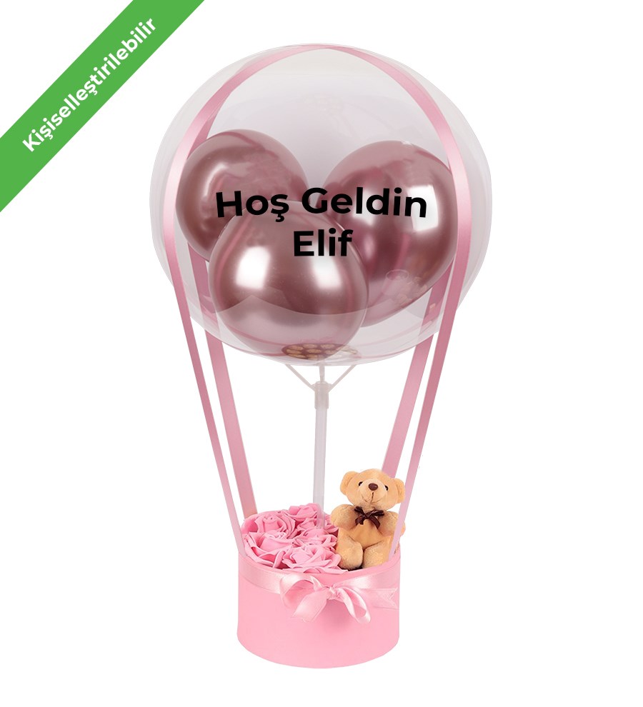 Balonlu Yuvarlak Pembe Kutuda Ayıcıklı Yapay Pembe Gül