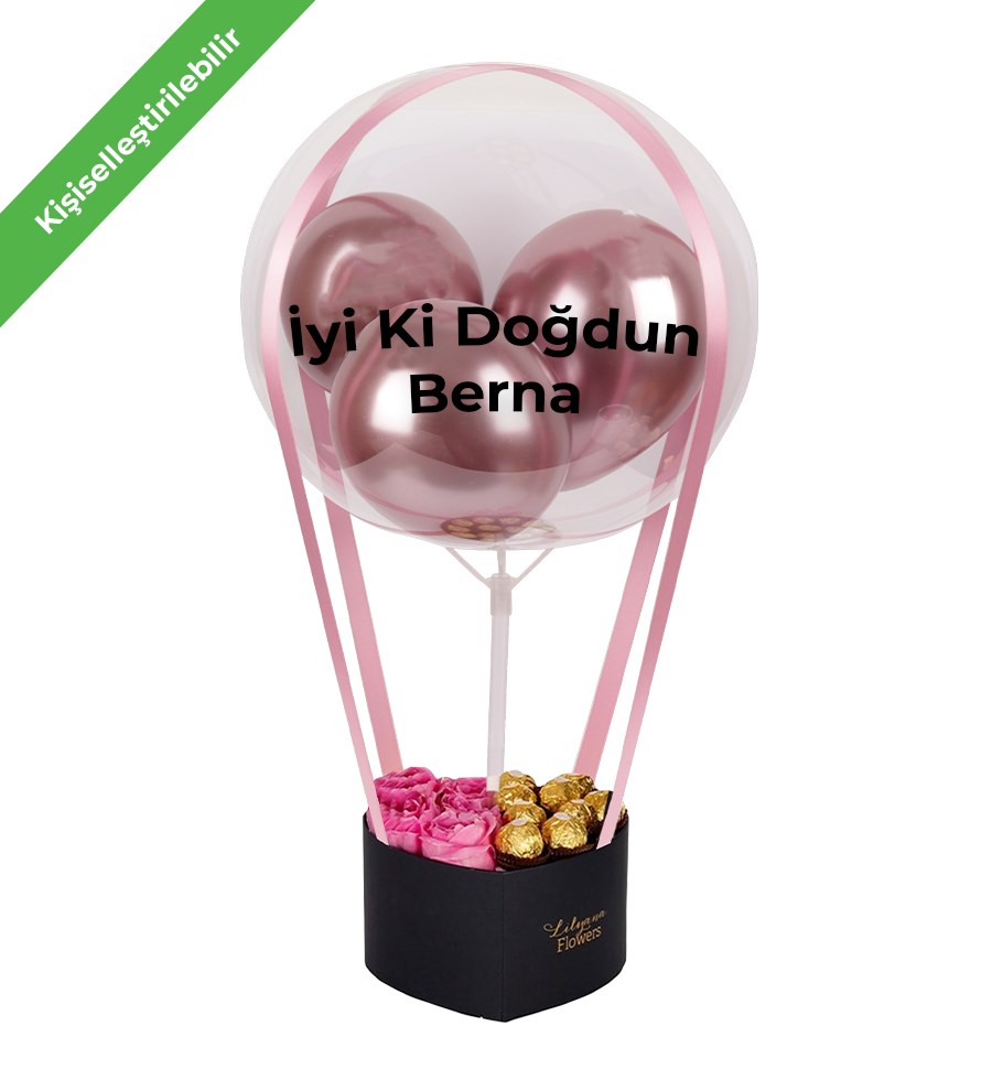 Balonlu Kalpli Rocherli Kutuda Pembe Gül