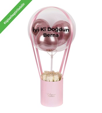 Balonlu Pembe Kutuda Beyaz Gül