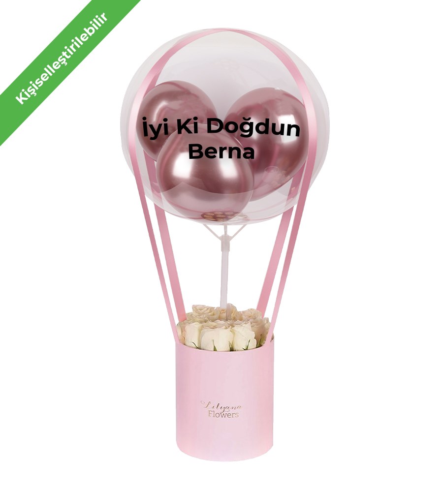 Balonlu Pembe Kutuda Beyaz Gül