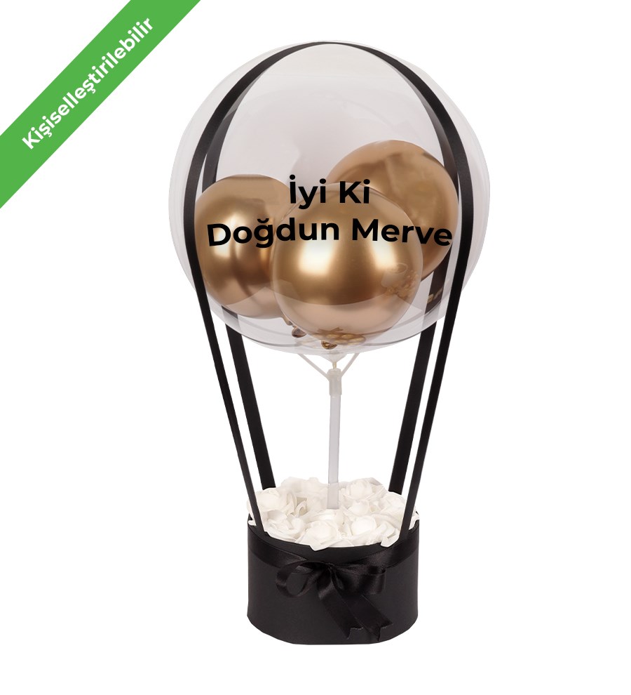 Balonlu Yuvarlak Siyah Kutuda Yapay Beyaz Gül