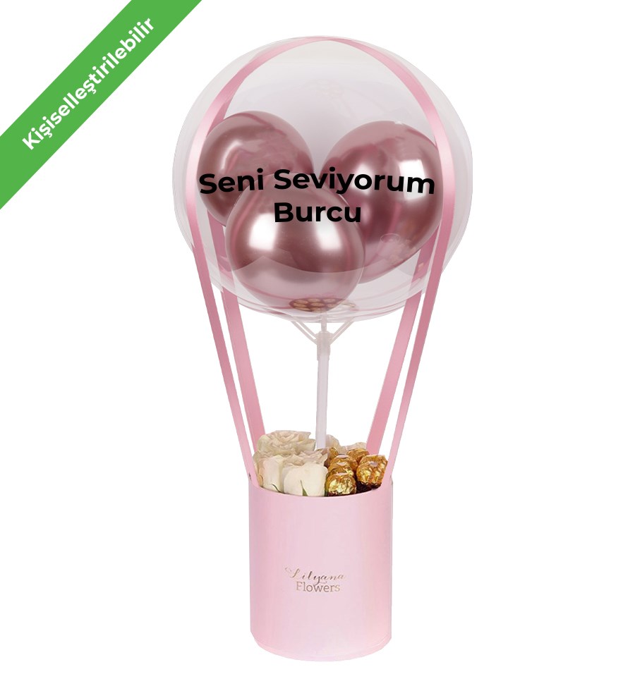 Balonlu Rocherli Pembe Kutuda Beyaz Gül