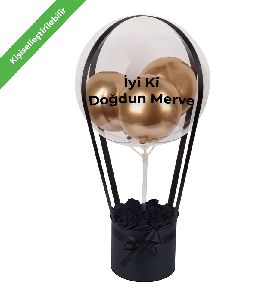 Balonlu Yuvarlak Siyah Kutuda Yapay Siyah Gül