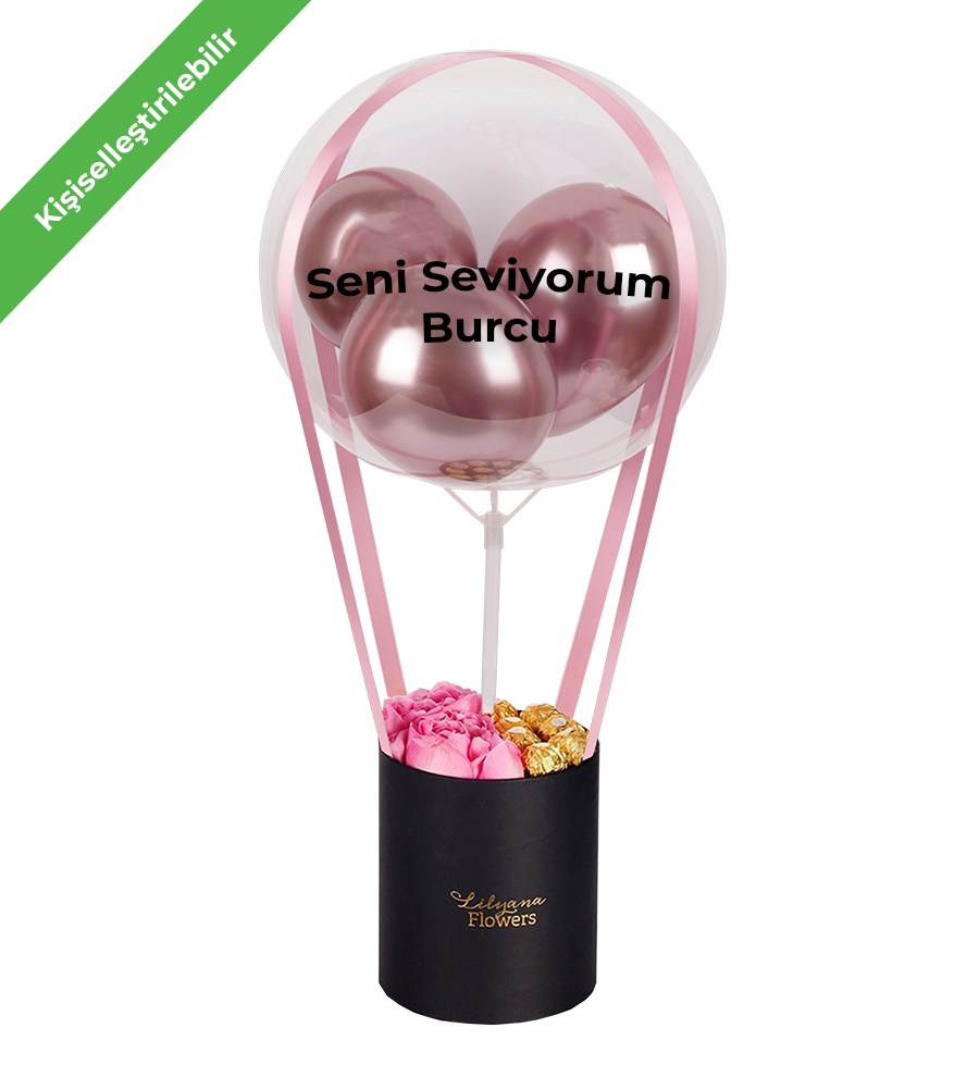 Balonlu Rocherli Siyah Kutuda Pembe Gül