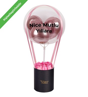 Balonlu Siyah Kutuda Pembe Gül