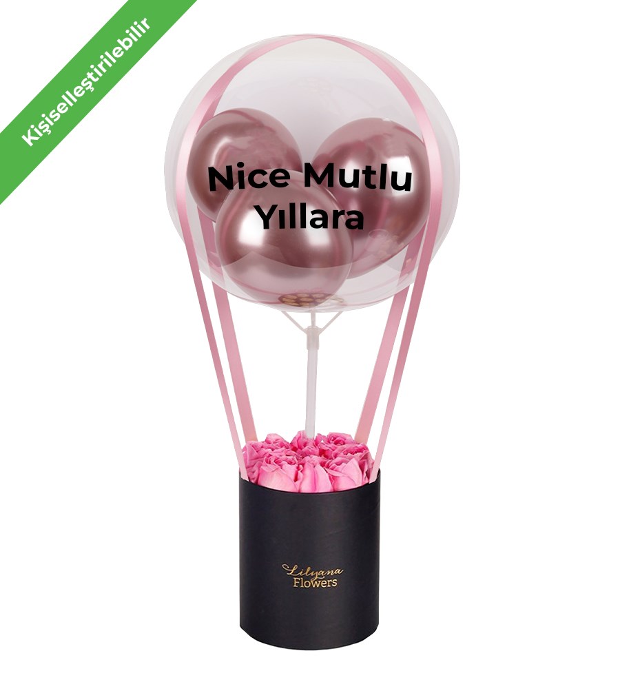 Balonlu Siyah Kutuda Pembe Gül