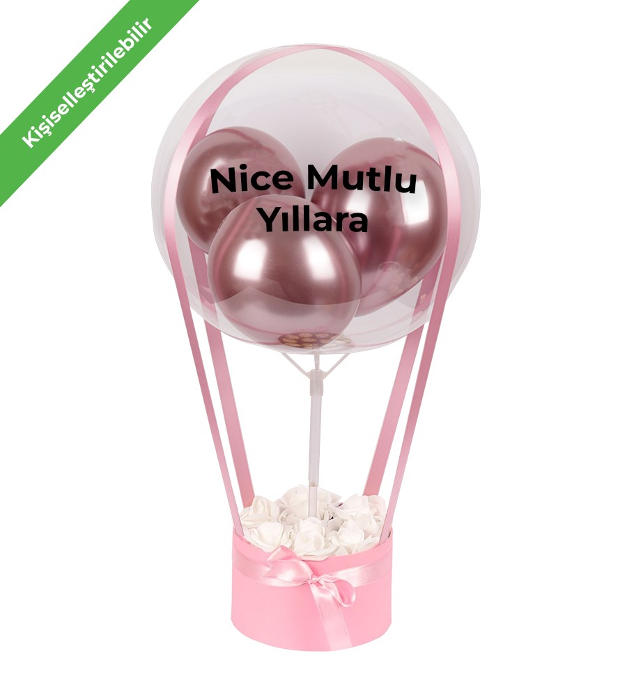 Balonlu Yuvarlak Pembe Kutuda Yapay Beyaz Gül