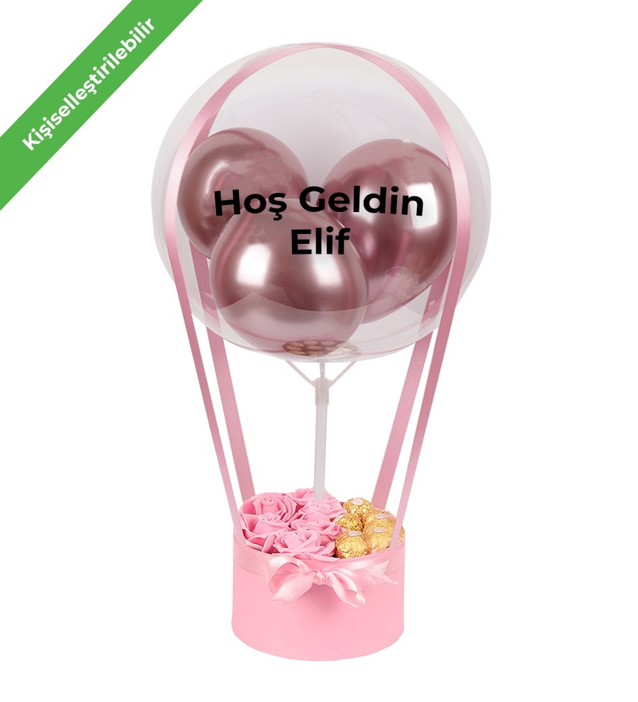 Balonlu Yuvarlak Pembe Kutuda Rocher Yapay Pembe Gül
