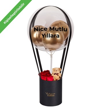 Balonlu Ayıcıklı Siyah Kutuda Kırmızı Gül