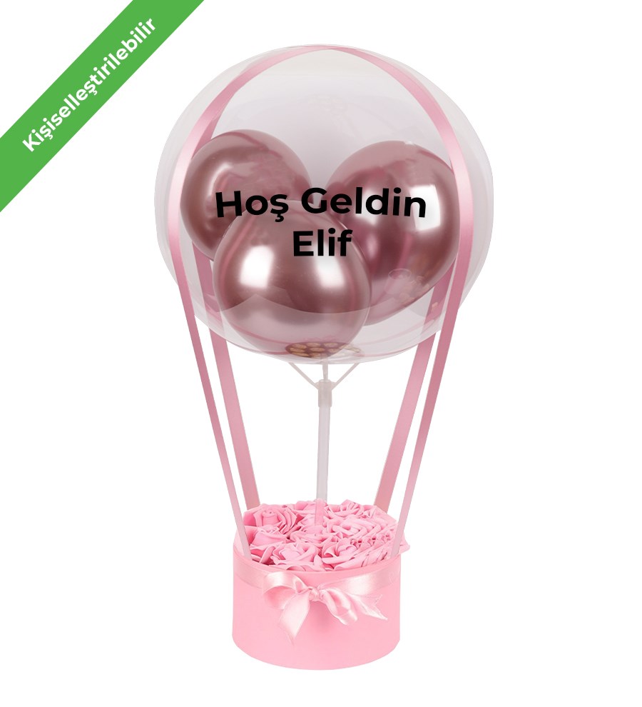 Balonlu Yuvarlak Pembe Kutuda Yapay Pembe Gül