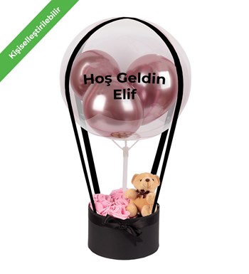 Balonlu Yuvarlak Siyah Kutuda Ayıcıklı Yapay Pembe Gül