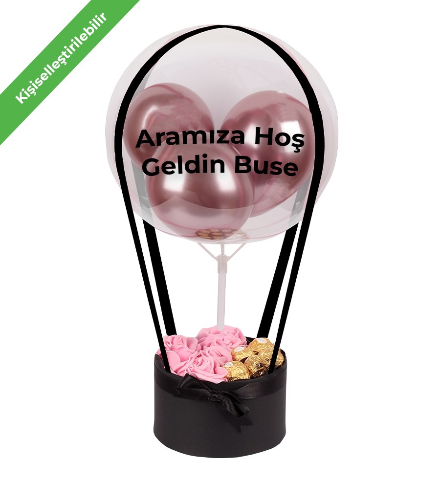 Balonlu Yuvarlak Siyah Kutuda Rocher Yapay Pembe Gül