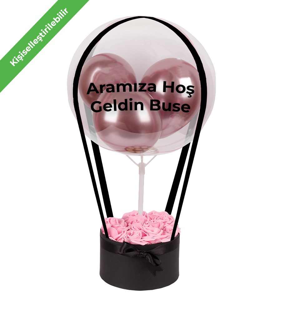 Balonlu Yuvarlak Siyah Kutuda Yapay Pembe Gül