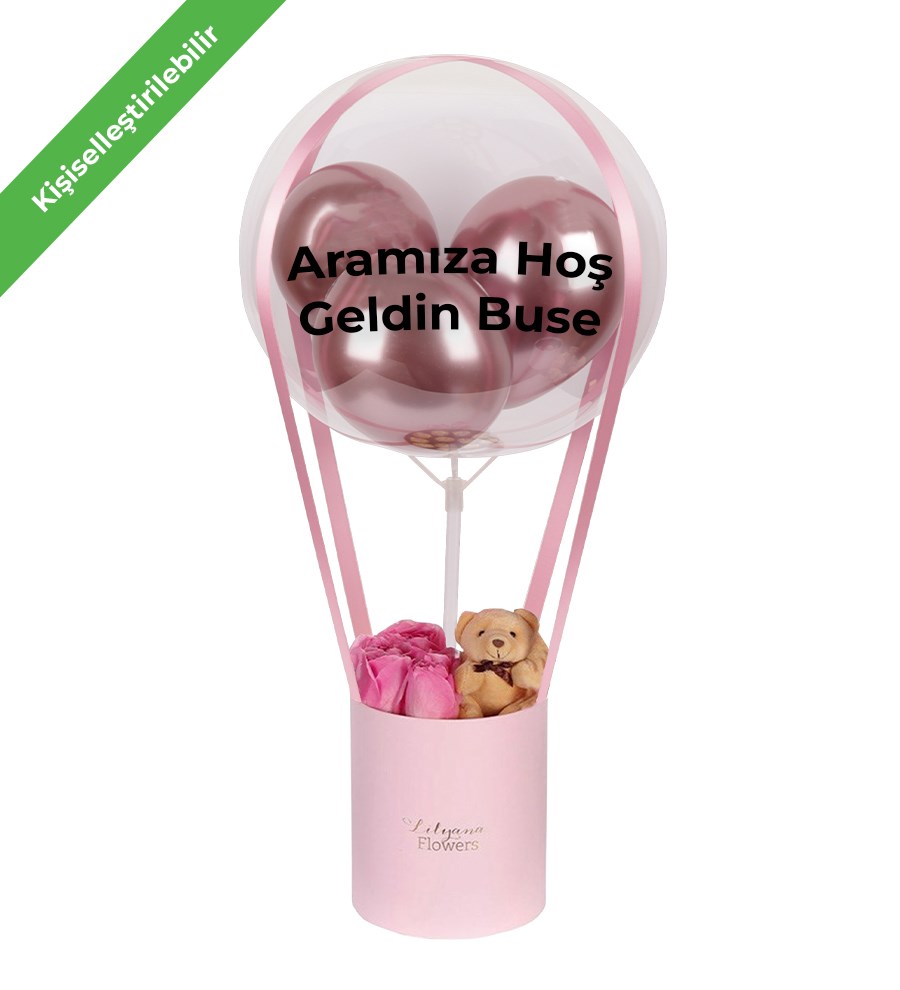 Balonlu Ayıcıklı Pembe Kutuda Pembe Gül