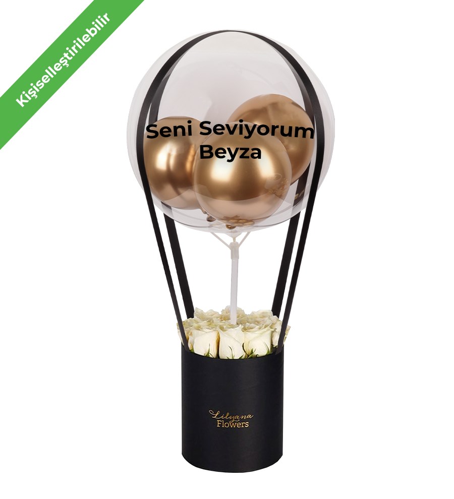 Balonlu Siyah Kutuda Beyaz Gül