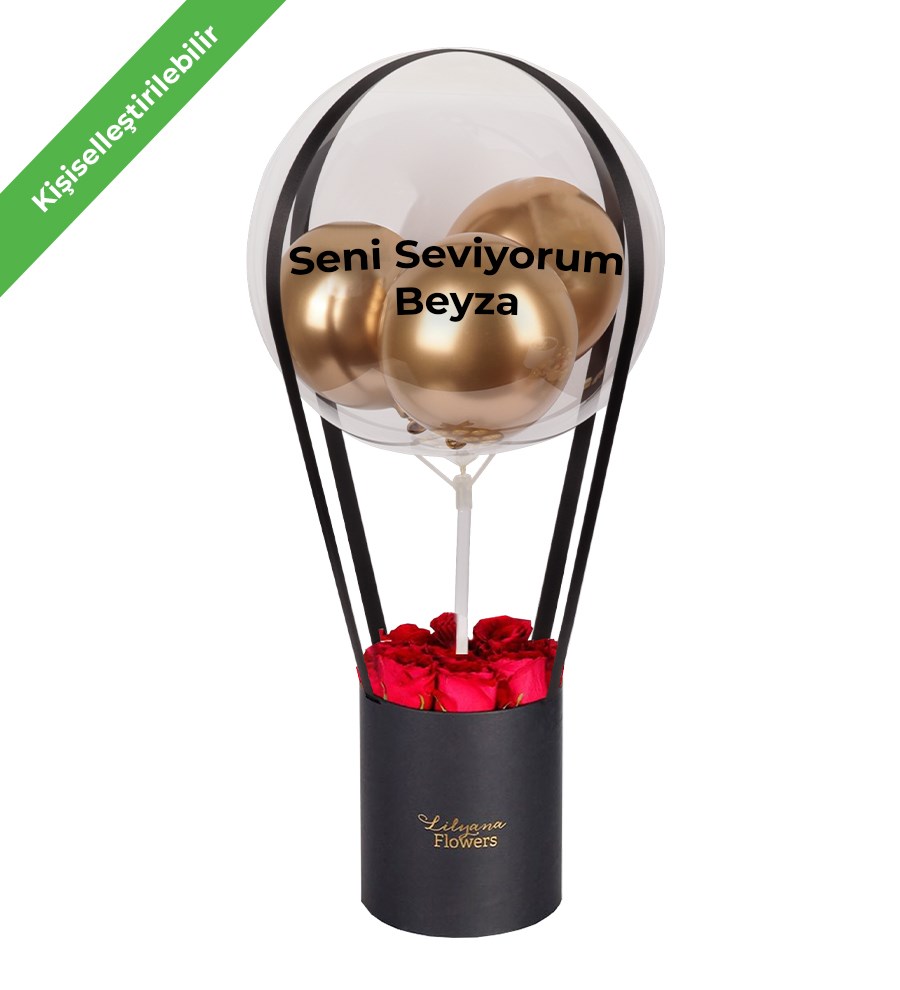 Balonlu Siyah Kutuda Kırmızı Gül