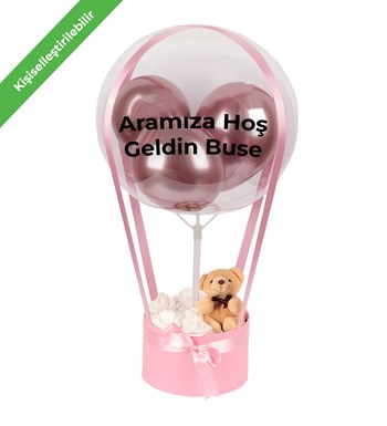Balonlu Yuvarlak Pembe Kutuda Ayıcıklı Yapay Beyaz Gül