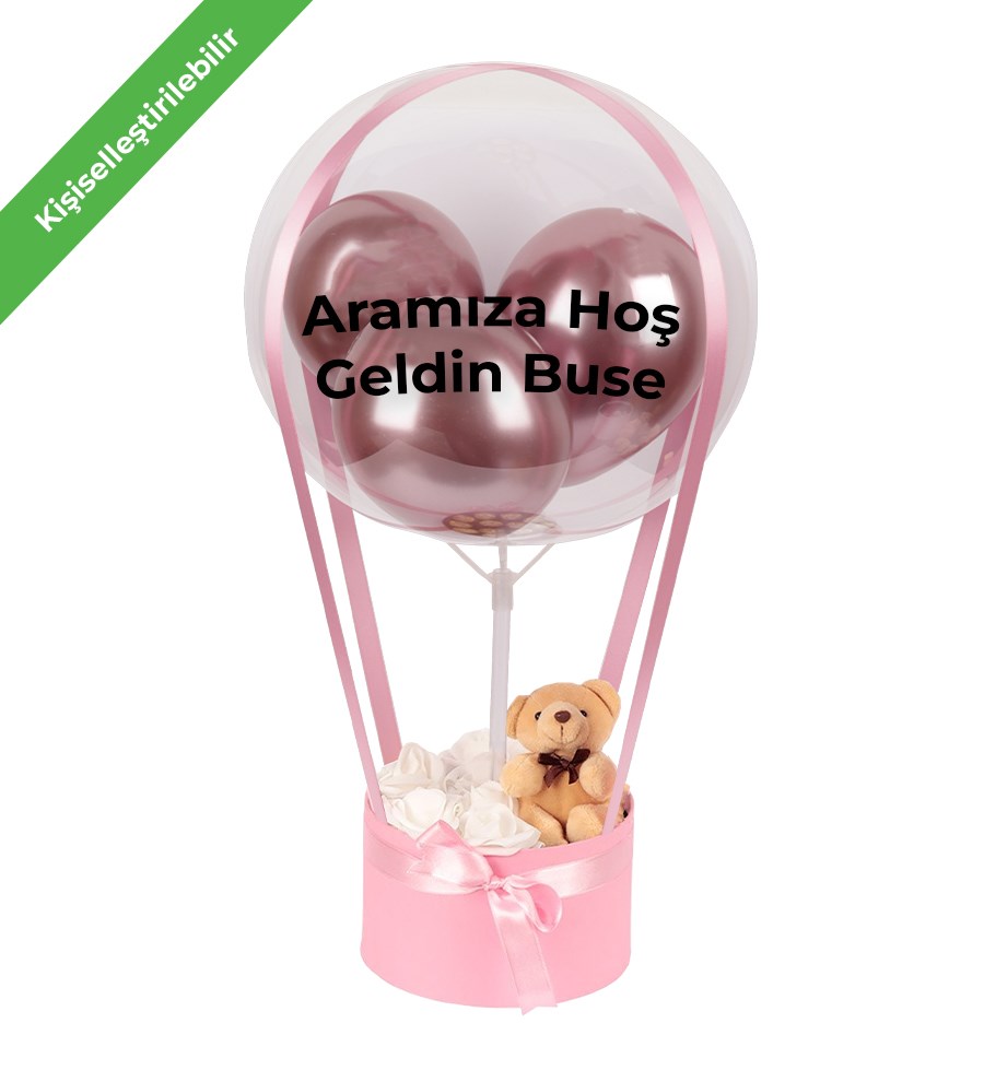 Balonlu Yuvarlak Pembe Kutuda Ayıcıklı Yapay Beyaz Gül