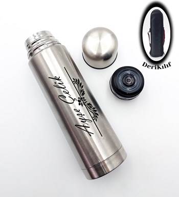 Lilyana Flowers - Kişiye Özel Deri Kılıflı Krom Çelik Termos & Beyaz Defter & Beyaz Kupa & Beyaz Kalem Hediye Seti