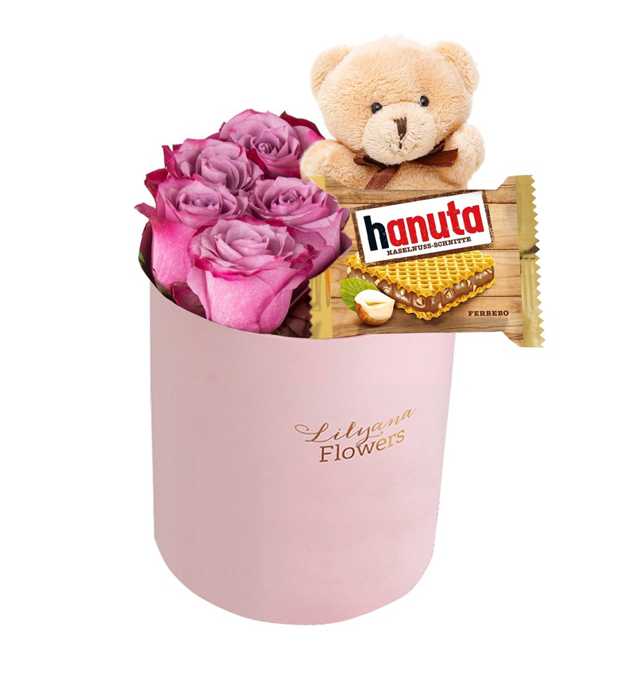Yuvarlak Pembe Kutuda Ayıcıklı Hanutalı Lila Gül