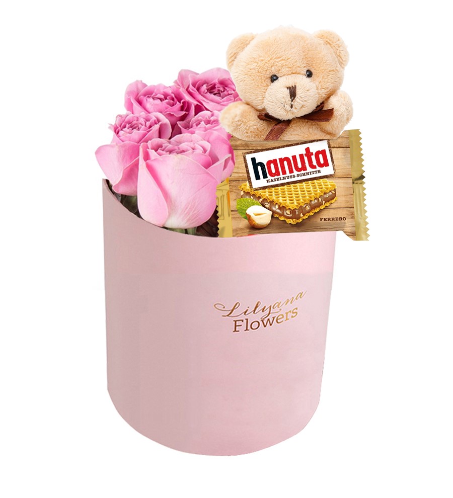 Yuvarlak Pembe Kutuda Ayıcıklı Hanutalı Pembe Gül