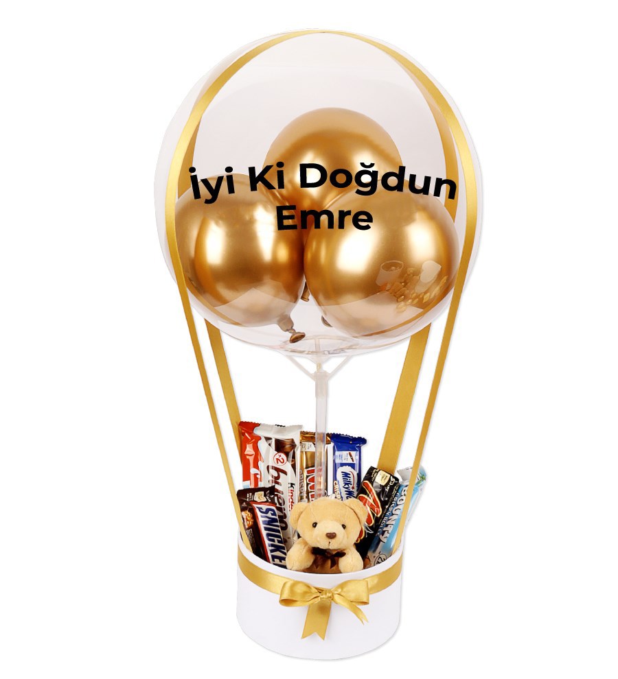 Balonlu Peluşlu Çikolata Kutusu Beyaz Gold