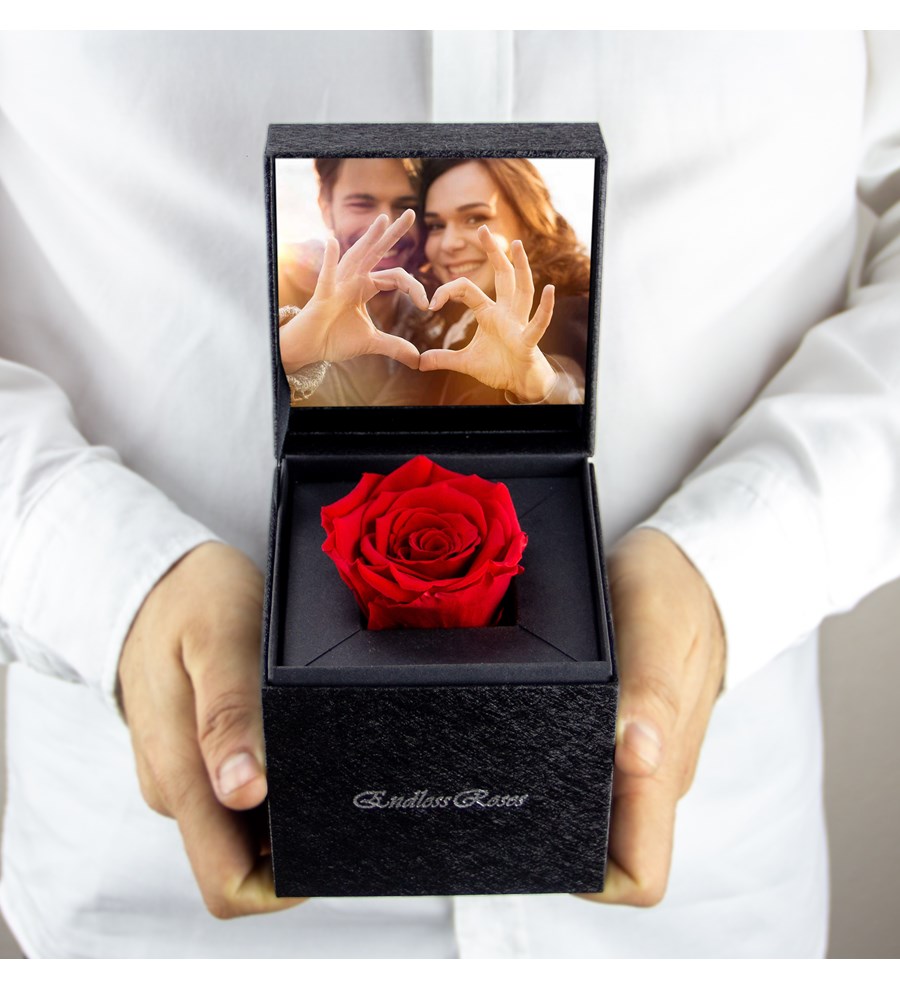 Premium Kutuda Kişiye Özel Fotoğraflı Kırmızı Solmayan Gerçek Gül