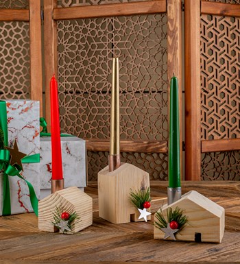 3'lü Şamdanlı Natural Dekoratif Ev Figürü