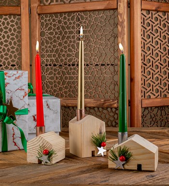 3'lü Şamdanlı Natural Dekoratif Ev Figürü