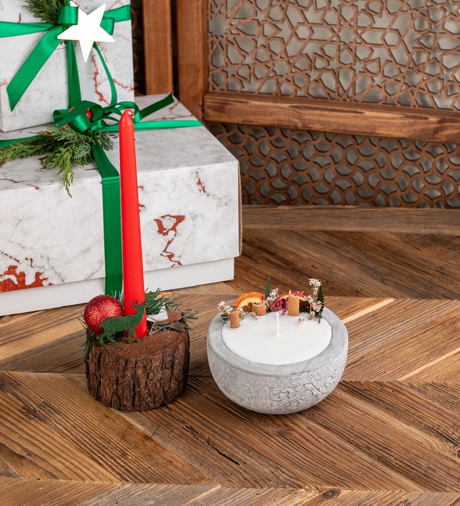 El Yapımı Silindir Ağaç İçerisinde Şamdan Mum ve Soya Wax Mum Tasarım