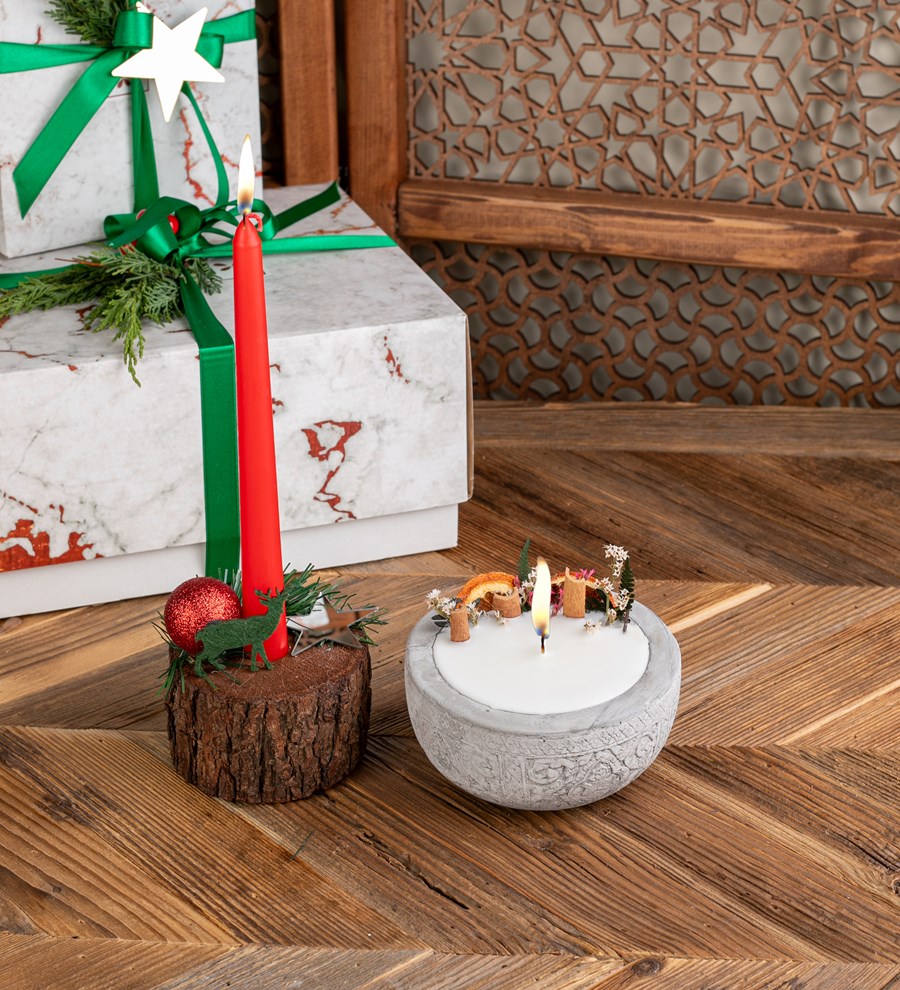 El Yapımı Silindir Ağaç İçerisinde Şamdan Mum ve Soya Wax Mum Tasarım