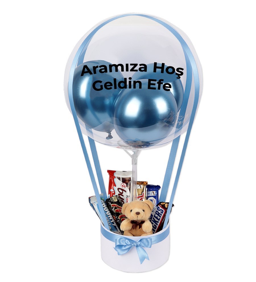 Balonlu Peluşlu Çikolata Kutusu Mavi
