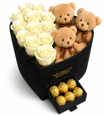 Lilyana Flowers - Kadife Kalpli Ayıcıklı Kutuda Çikolatalı Beyaz Gül
