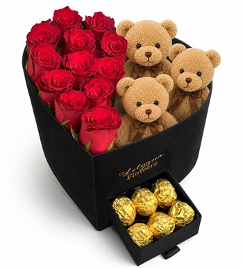 Lilyana Flowers - Kadife Kalpli Ayıcıklı Kutuda Çikolatalı Kırmızı Gül