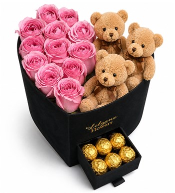 Lilyana Flowers - Kadife Kalpli Ayıcıklı Kutuda Çikolatalı Pembe Gül