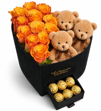 Lilyana Flowers - Kadife Kalpli Ayıcıklı Kutuda Çikolatalı Turuncu Gül