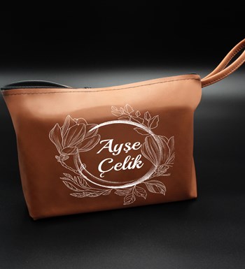 Lilyana Flowers - Kişiye Özel Kahverengi Makyaj Çantası & Tarak &  Makyaj Aynası