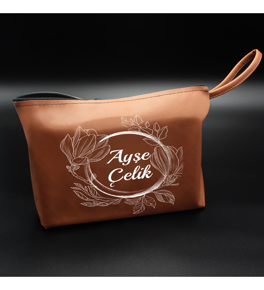 Kişiye Özel Kahverengi Makyaj Çantası & Tarak &  Makyaj Aynası