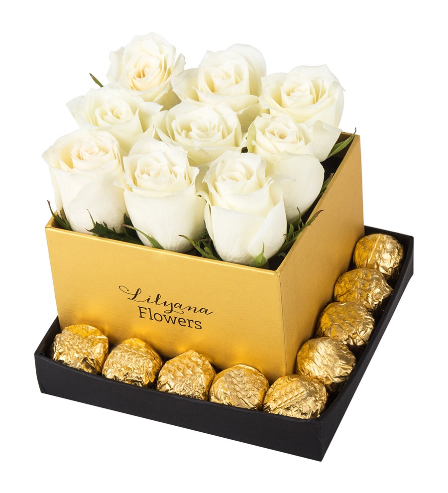 Kare Siyah Gold Kutuda Rocher Çikolatalı Beyaz Gül
