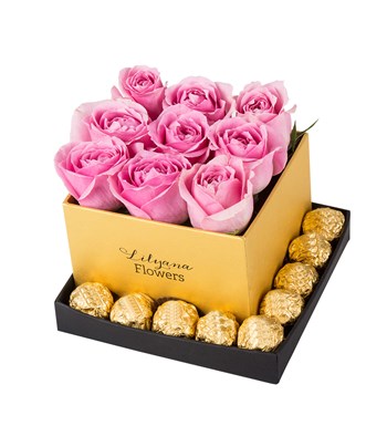 Kare Siyah Gold Kutuda Rocher Çikolatalı Pembe Gül