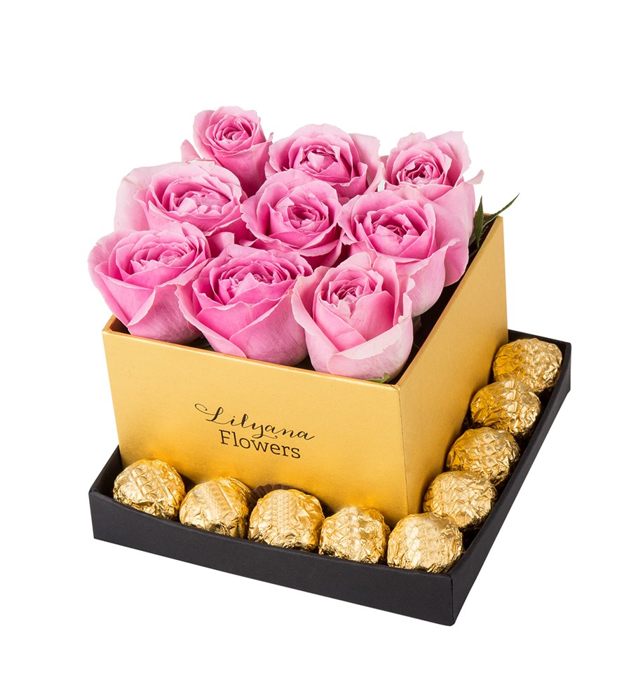 Kare Siyah Gold Kutuda Rocher Çikolatalı Pembe Gül