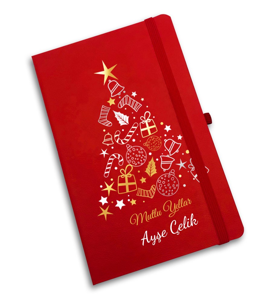 Kasa İçerisinde Yılbaşı Temalı Kişiye Özel Kırmızı Defter & Çam Ağacı & Metal Kutulu Mum Hediye Seti
