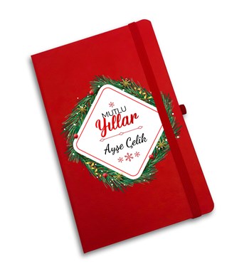 Yılbaşı Temalı Kişiye Özel Kırmızı Termos & Defter & Kupa & Mini Çam Ağacı & Kalem Hediye Seti