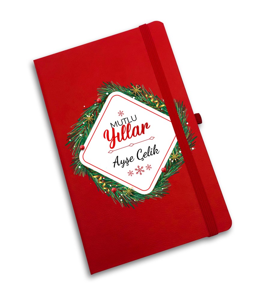 Hasır Sepetli Su Matarası & Kişiye Özel Kırmızı Defter & Çam Ağacı  & Beyaz Kalem Hediye Seti