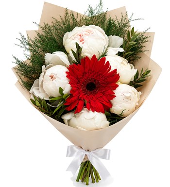 Lilyana Flowers - Kırmızı Gerbera ve Beyaz Şakayık Buketi
